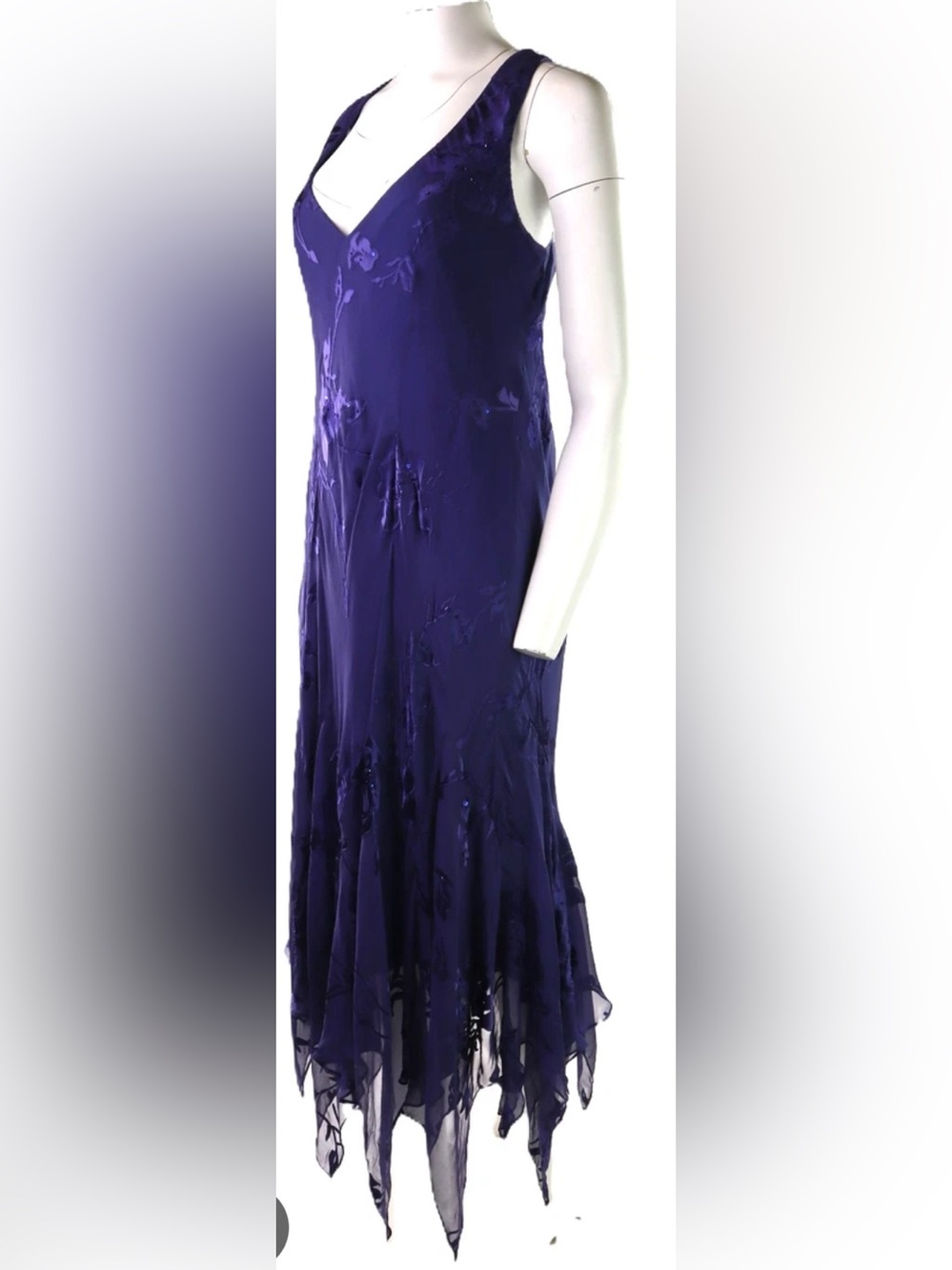 Vintage Y2K Alex Evenings silk blend Deep Purple Handkerchief Hem Maxi Dress, 20